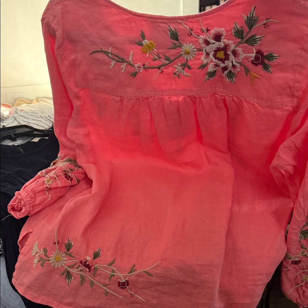 Johnny Was Coral Embroidered Floral V-Neck Tunic - Picture 6 of 6